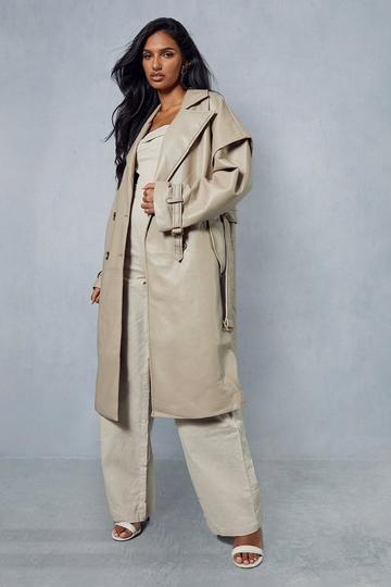 Longline Oversized Leather Look Trench Coat camel