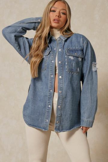 Blue Denim Belted Stud Detail Jacket