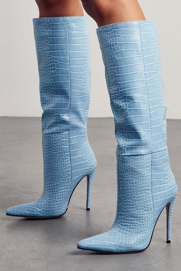 Leather Look Croc Pointed Heeled Boots aqua
