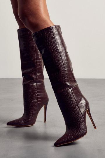 Leather Look Croc Pointed Heeled Boots chocolate