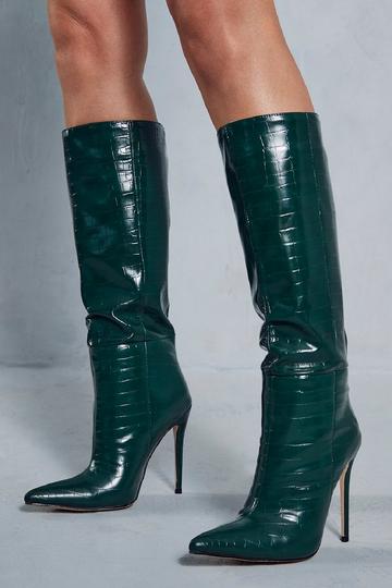 Green Leather Look Croc Pointed Heeled Boots