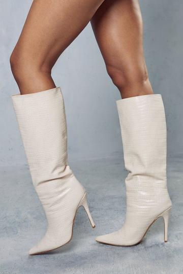 White Leather Look Croc Pointed Heeled Boots