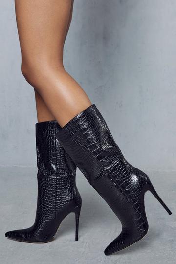Black Croc Pointed Heeled Ankle Boots
