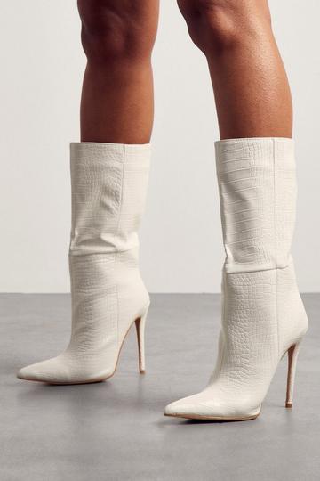 White Croc Pointed Heeled Ankle Boots