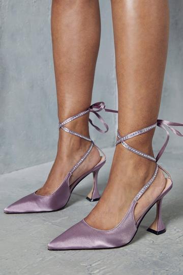 Lilac Purple Satin Diamante Tie Up High Heels