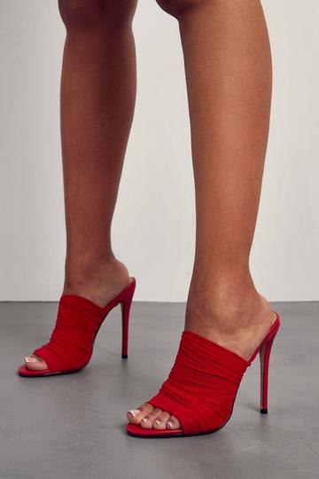 Mesh Ruched Heeled Mules red