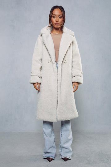 Cream White Double Breasted Belt Detail Teddy Faux Fur Coat