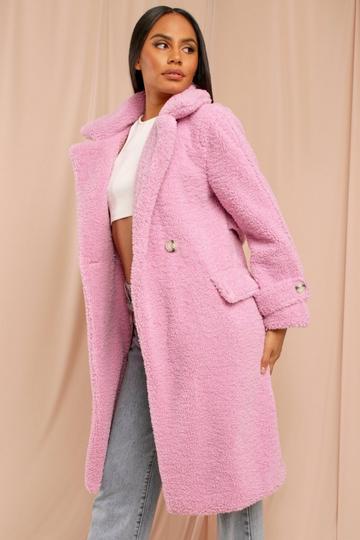 Pink Double Breasted Belt Detail Teddy Faux Fur Coat