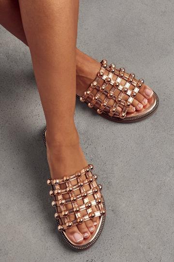 Gold Metallic Calle Detail Studded Flat Sandal