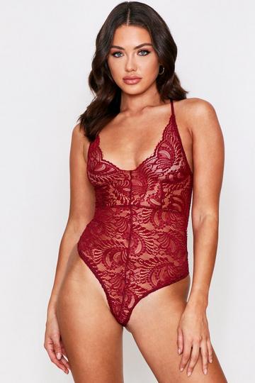 Red Plunge Lace Thong Bodysuit
