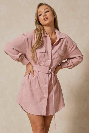 Pink Puff Sleeve Belted Cord Dress