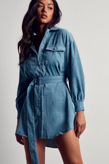 Puff Sleeve Belted Cord Dress dusty blue