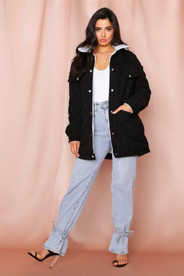 Borg Lined Oversized Cord Trucker Jacket black