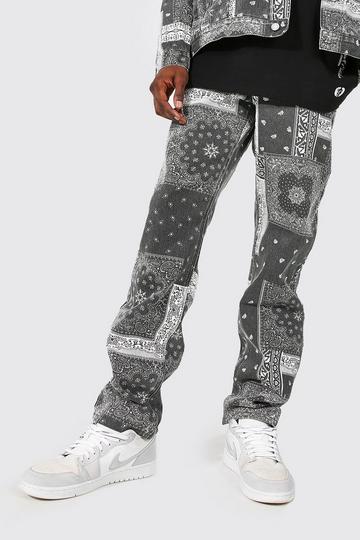 Relaxed Fit Washed Bandana Print Jeans mid grey