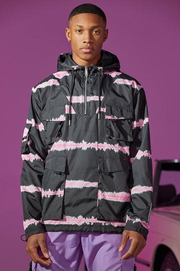 Black Oversized Tie Dye Hooded Utility Jacket
