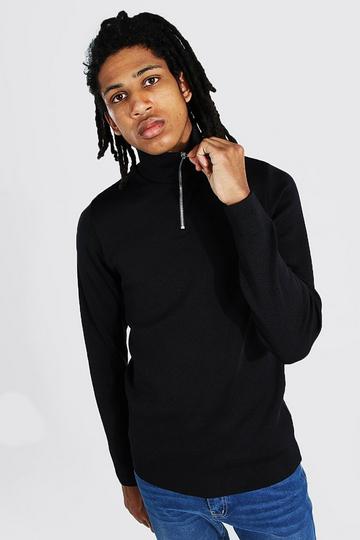 Black Tall Half Zip Funnel Neck Jumper