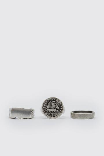 Silver 3 Pack Textured Signet Ring Set