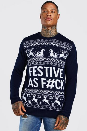 Festive Slogan Knitted Christmas Sweater navy