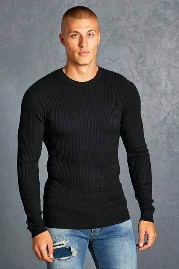 Black Muscle Crew Neck Ribbed Jumper