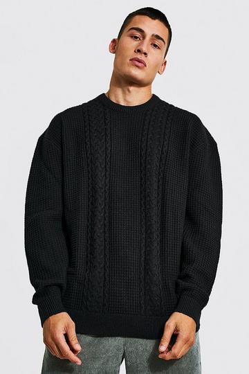 Black Oversized Crew Neck Cable Jumper