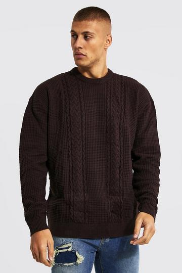 Brown Oversized Crew Neck Cable Jumper