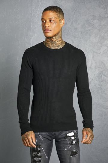 Black Regular Crew Neck Ribbed Jumper