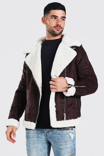 Faux Fur Lined Suede Aviator Jacket chocolate