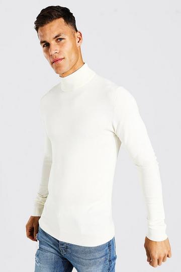 Cream White Tall Muscle Fit Roll Neck Jumper