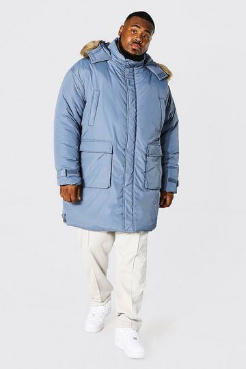Plus Parka With Detachable Faux Fur Hood grey