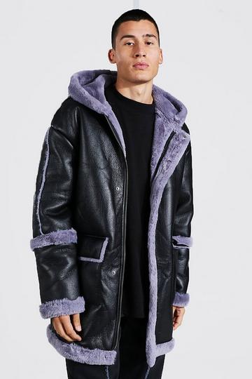 Leather Look Hooded Aviator With Faux Fur black