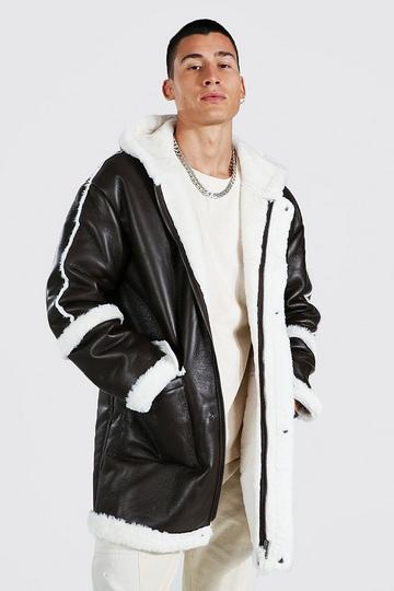 Leather Look Hooded Aviator With Faux Fur chocolate