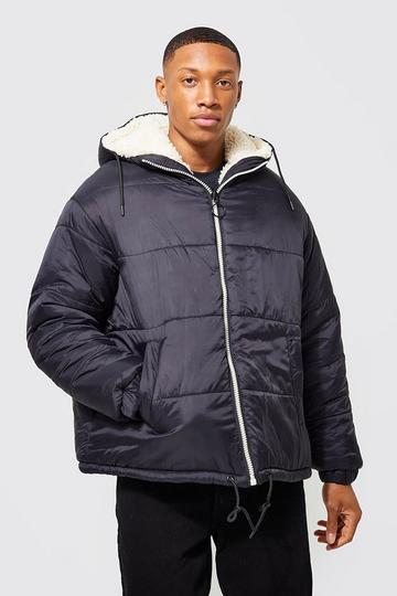 Black Reversible Puffer Jacket With Borg Reverse