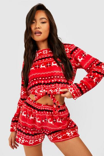 Christmas Fairisle Fleece Crop Jumper & Short Set red