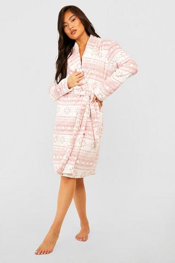 Pink Fairisle Fleece Dressing Gown white