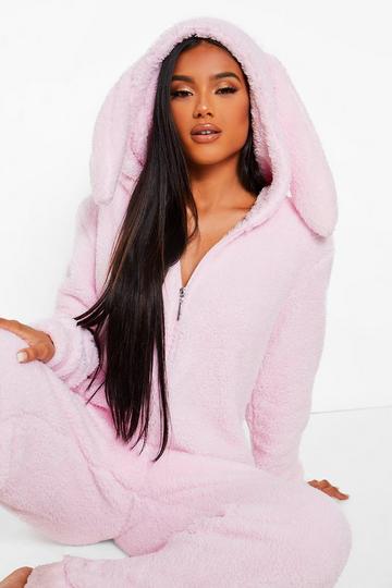 Fleece Bunny Ear Onesie pink