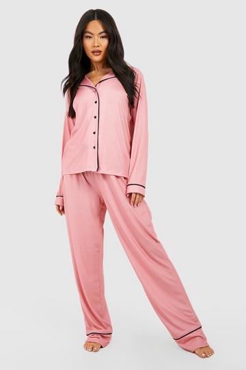 Pink Long Sleeve Button Through Jersey PJ Set
