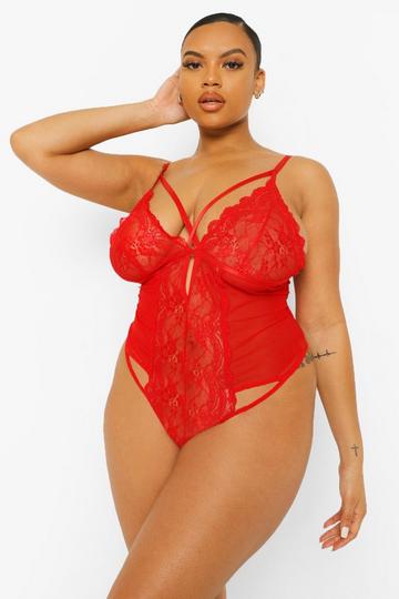 Plus Cross Front Lace Cup Bodysuit red