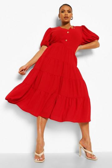 Plus Puff Sleeve Tiered Midi Dress red