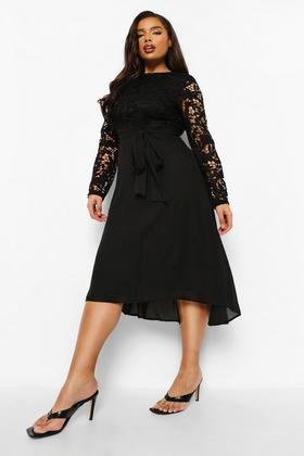 Black Lace High Neck Long Sleeve Draped Midi Dress