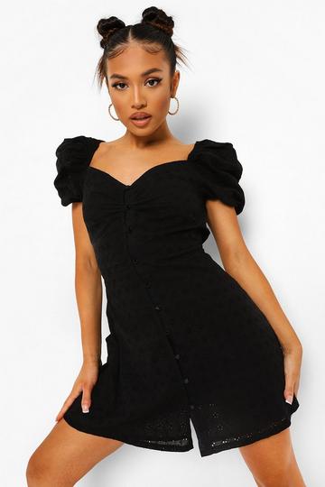 Black Petite Broderie Puff Sleeve Dress