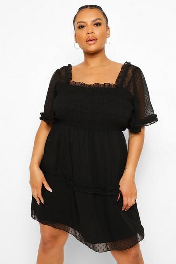 Black Plus Shirred Dobby Chiffon Smock Dress