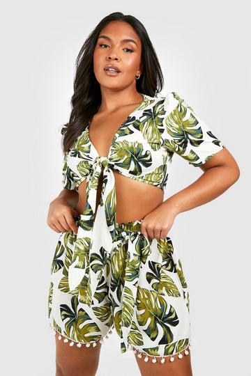 Plus Palm Print Tassel Beach Two-Piece white