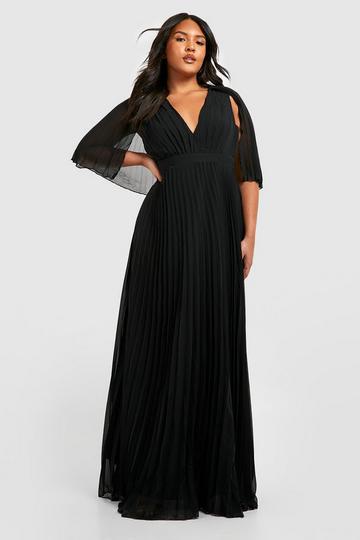 Plus Bridesmaid Pleated Cape Maxi Dress black