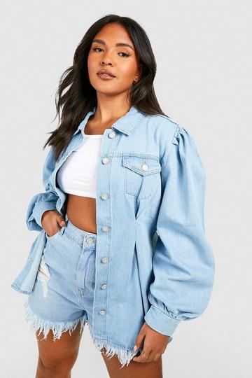 Plus Cinched Oversized Denim Shirt light blue