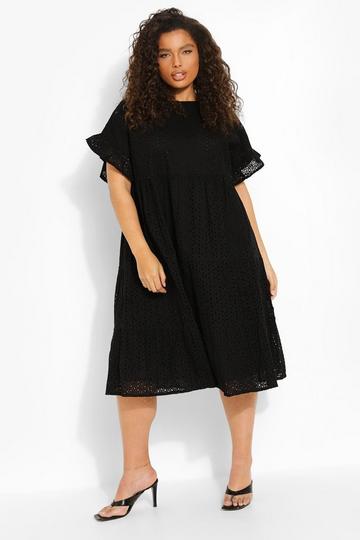 Plus Broderie Anglaise Tiered Midi Dress black
