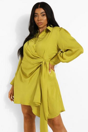 Plus Statement Draped Satin Shirt Dress chartreuse