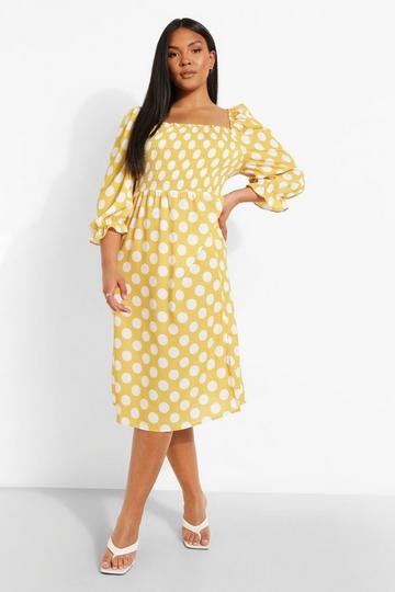 Plus Polka Dot Shirred Puff Sleeve Midi Dress yellow