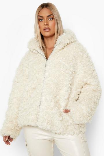 Cream White Plus Teddy Faux Fur Hooded Jacket
