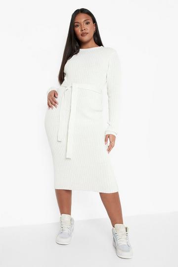 Plus Belted Rib Knit Dress ivory