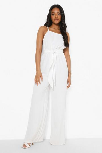 Petite Linen Look Tie Waist Jumpsuit white